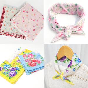 국산 아사면 손수건 레이스 여성 등산 단체 선물 답례품 무릎덮개 체리 동백꽃 꽃무늬 쁘띠 스카프 봄 가을