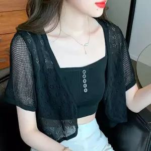 ONM 시스루 크롭 가디건 여자 카디건 망사 여름 반팔 코디