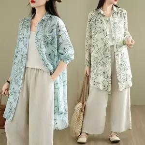 ONM 은창)프레시 썸머 리프 롱 셔츠 블라우스 여름 상의