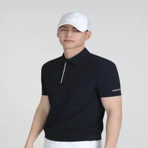 [헤지스 골프] [25SS] HUTS5B353N3 네이비 남성 우븐 펀칭 반팔 카라 티셔츠