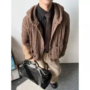 남성 니트 가을 빈티지 꽈배기 카디건 후드 커플 단추 집업 BE3