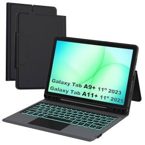삼성 갤럭시탭 A11+ /A9+ 11인치 키보드 케이스 - 스마트 무선 폴리오 터치 트랙패드 태블릿 커버 - 탭 A11 플러스 11인치 2025 /A9 플러스 11인치 2023 블랙용 S 펜 홀더가 있는 7가지 컬러 백라이트 키보드