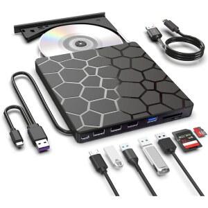 ASHDOL 외장 CD DVD 드라이브, 8인치 USB 3.0 및 Type-C 디스크 리더기 버너 플레이어, 슬림 휴대용 + /-RW 광학 드라이브(PC 노트북 데스크톱 Mac Windows Linux OS 용) (8인치 1인치)