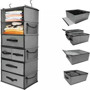 서랍 5개와 측면 포켓 3개가 있는 내구성이 뛰어난 6단 걸이식 옷장 정리함 튼튼한 후크가 두꺼운 천 선반