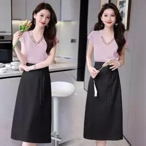 여성 썸머 여름 롱 원피스 트렌치 정장 스타일 V넥 상의 자카드 힙스터 스커트 투피스 스포M2