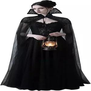 여성용 스탠드업 레이스 칼라가 있는 주카버 고딕 롱 블랙 툴레 뱀파이어 케이프