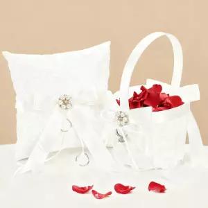 노아무스 2팩 플라워 걸 바구니 및 링 베어 베개 세트 쿠션이 있는 귀여운 레이스 진주 꽃 체리쉬 보리