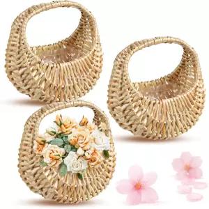 결혼식 피크닉 정원 홈 데코용 플라스틱 안감이 있는 손잡이 라탄 바구니가 플라워 걸 작은 하프 문 위커