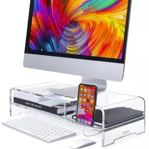 베이고름 아크릴 모니터 스탠드 20인치 와이드 2단 라이저 수납 선반 및 휴대폰 홀더 노트북 프린터 화면용