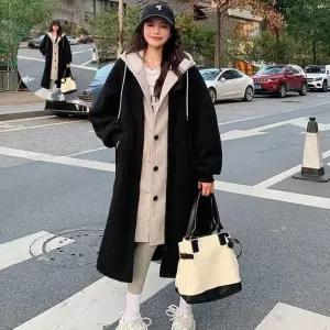 편한아우터 후드배색 롱무스탕 데일리룩 여성 겨울코트