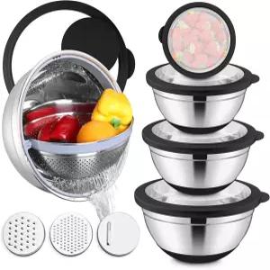 뚜껑 세트 포함 E-파 믹싱 볼 주방 준비/제빵/보관용 15PCS 스테인리스 스틸 네스팅 미끄럼 방지 바닥 및