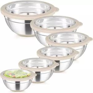 팀파 믹싱 볼 세트 6개 눈에 보이는 뚜껑이 있는 스테인리스 스틸 샐러드 서빙용 금속 네스팅 미끄럼 방지