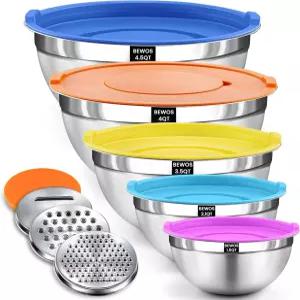 뚜껑이 있는 BEWOS 믹싱 볼 세트 강판 3개가 부착된 스테인리스 스틸 5개 크기 4.5 4 3.5 2.1 1.5QT 금속