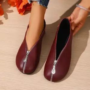 여사친 춘추 메탈 단화 라운드 토오픈 플랫 빅사이즈 지퍼 컴포트 DUCHI3