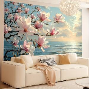 1pc 평화로운 해변 피는 목련 나무 태피스트리 - 폴리에스테르 직물, 기계 세탁 가능, 침실 거실에 적합