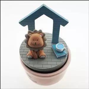 도자기 오르골 회전 집과 사자 하늘색 크리스마스오르