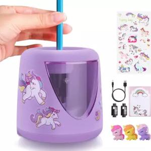 용 전동 연필깎이 가정 교실용 귀여운 소형 컬러 전기 플러그 유니콘 학용품 포함 보라색