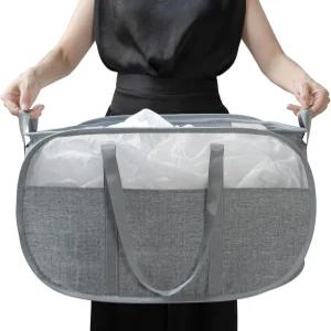 내구성 있는 손잡이가 접이식 메쉬 세탁 바구니가 팝업 쉽게 열고 접을 수 고급 양이온 원단 그레이