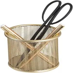 BLU 모나코 골드 메탈 메쉬 펜 홀더 여성용 귀여운 사무실용 와이어 책상 정리 펜슬 컵