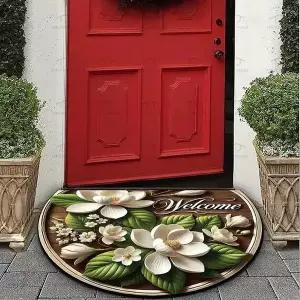 [골드스마일]화이트 플라워 반원매트 90x60cm 현관 포인트 러그 발매트