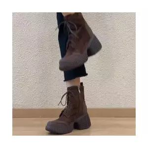 슬송렉샵 여자 키작녀 워커힐 소가죽 버전 키높이 리얼 가죽 앵클부츠 빈티지 라운드 머리 옆 지퍼 스트랩 워커 꾹5