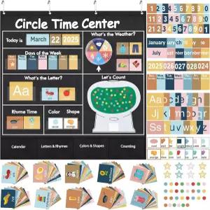 패시미 222Pcs 서클 타임 포켓 차트 유치원 알파벳 날씨 요일을 위한 보호 교실 달력 학습 설정 교사