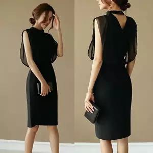 쉬폰 프릴 원피스 민소매 H라인 블랙 미디 드레스 (HSJ-WE933FA)