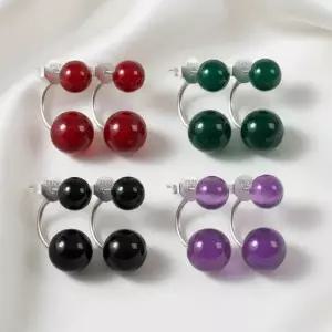 BS S925 원석 아게이트 자수정 C컬 더블 볼 드롭 이어링