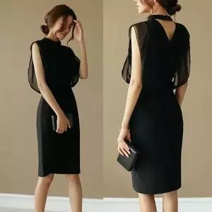 쉬폰 프릴 원피스 민소매 H라인 블랙 미디 드레스 (HSJ-WE933FA)