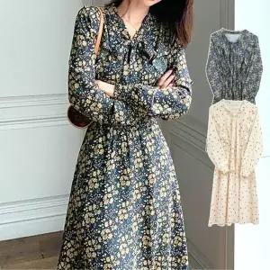 긴팔 롱 드레스 쉬폰 리본 프릴 여성 꽃무늬 원피스 (HSJ-WE3ACAB)