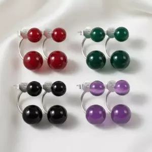 S925 원석 아게이트 자수정 C컬 더블 볼 드롭 이어링