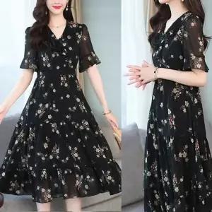 여자 매력있는 꽃무늬 패턴 A라인 여름 반팔 원피스 (HSJ-WBA16B2)