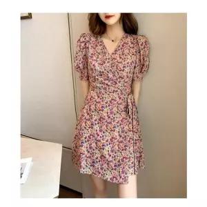 브이넥 프릴소매 플라워 A라인 랩 미니 여름 원피스 (HSJ-WFH6EBN)