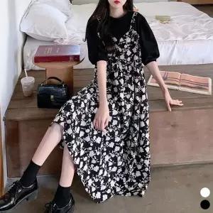 티셔츠 일체형 플라워 패턴 여름 뷔스티에 롱 원피스 (HSJ-WFH6EB2)