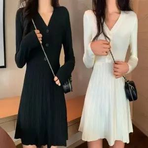 여성 V넥 니트 플레어스커트 일체형 골지 원피스 하객 (HSJ-WDB6812)