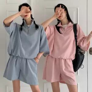 여성 여름 나일론 무지 반집업 반팔티 반바지 아노락 세트 PST0391S 빅사이즈 루즈핏