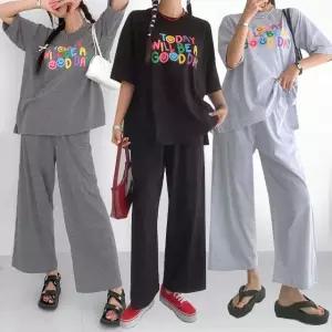 여성 봄 여름 99까지 20수 면 반팔 티셔츠 와이드팬츠 츄리닝 세트 트레이닝 투피스 셋업 PST0088S