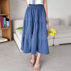여성 봄 여름 데님 플레어 롱 스커트 밴딩 청 치마 SK0171S