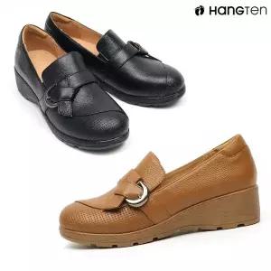행텐 HT-1080 여성용 천연 소가죽 버클 장식 웨지 로퍼 발편한 캐주얼 미들힐 구두