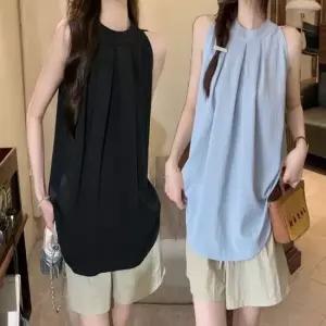 여성 여름 단정한 민소매 블라우스 핀턱 홀터넥 오피