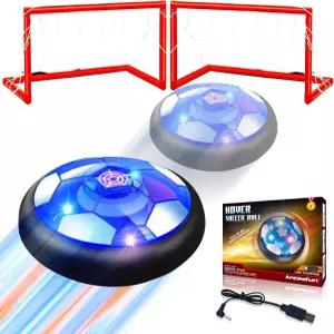 호버 축구공 세트 2골 - 충전식 LED 에어 파워 축구 실내/외 부유 볼 장난감 3~12세 소년 및 소녀를 위한