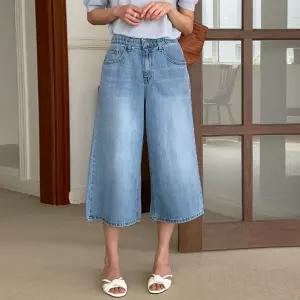 쇼니7부데님 여름 난스판 저밀도 7부 와이드 데님팬츠