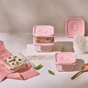 [글라스락] 렌지쿡 캔디핑크 햇밥용기 정사각 440ml 4조 세트