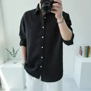 남자 로맨틱 스트라이프 빅사이즈 오버핏 폴리 린넨 긴팔 셔츠