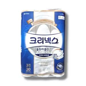 크리넥스 울트라클린 화이트 아쿠아 비데 화장지 3겹 30m, 30롤, 1팩
