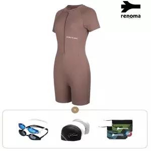 [롯데백화점]레노마 여성 아쿠아로빅 반팔 반집업 인컵 3부 반신 수영복수경수모세트 LF2F865SET_BR