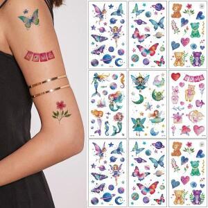 10장 글리터 나비 유니콘 만화 임시 타투 인어 꽃 요정 스티커 여성 소녀 손 얼굴 몸호환