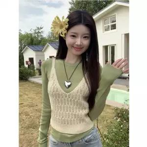 그물 니트 기장 크롭 펀칭 조끼