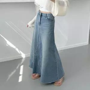 여자 청치마 플레어 A라인 컷팅 절개 데님 롱스커트