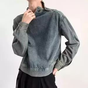 남성용 청자켓 빈티지 라이더 데님 자켓 워싱 버클 칼라 하이넥 캐주얼 패치 코트 힛템